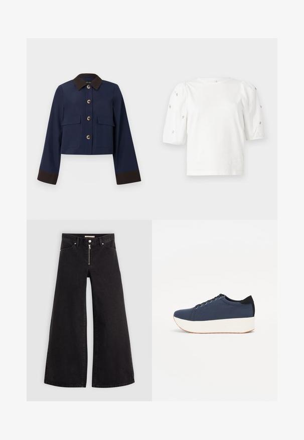 Chaqueta corta de color navy con cuello y puños marrones, con grandes bolsillos frontales y botones marrones. Textura suave, diseño a medida.; Camiseta de algodón blanca con mangas cortas tipo globo, que presenta pequeños adornos plateados en las mangas. Cuello redondo clásico, corte holgado.; Jeans de pierna ancha en denim negro con cierre frontal, diseño de cinco bolsillos y detalles de costura sutiles. Textura suave y estilo casual.; Zapatilla de color azul marino con parte superior de tejido texturizado, suela de plataforma blanca, punta redondeada y acento en el talón negro. Cuenta con seis ojales para los cordones.