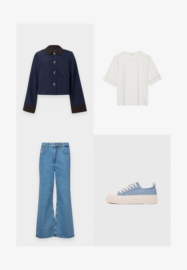 Casaco estilo cropped azul-marinho com golas e punhos castanhos, apresentando grandes bolsos frontais e botões castanhos. Textura suave, design ajustado.; T-shirt branco de manga curta feito de algodão, com bainha de renda decorativa nas mangas e decote redondo.; Jeans de brim azuis claros, com corte à boca de sino, apresentando uma cintura alta, cinco bolsos e um fecho de botão único. Textura macia com acabamento desbotado.; Ténis de lona azul claro com uma biqueira e sola de borracha creme, apresentando atacadores brancos e uma alça na parte de trás.