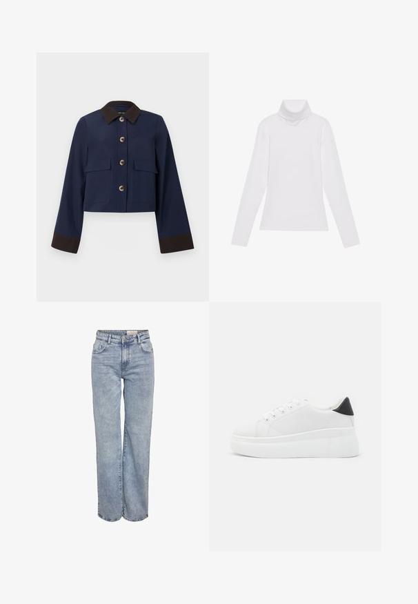 Veste cropped navy avec un col et des poignets marron, dotée de grandes poches avant et de boutons marron. Texture lisse, design ajusté.; Haut à col roulé à manches longues blanc, fabriqué en tissu lisse et extensible. Il présente un col haut et une coupe ajustée, sans motifs ni embellissements visibles.; Jeans larges bleu clair en denim, dotés d'une taille haute, d'un design à cinq poches et d'un léger dégradé pour un aspect usé.; Baskets plates blanches en matériau synthétique lisse, avec un bout arrondi, un design à lacets et une semelle en caoutchouc texturé. Accent de talon noir.
