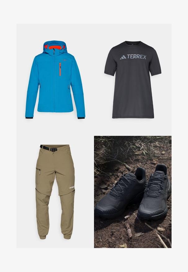 Blå huva jacka med orange detaljer och dragkedjor. Har en frontdragkedja, två sidofickor och en avslappnad passform.; Svart kortärmad t-shirt gjord av lätt tyg, med en ljusgrå "TERREX"-logotyp över bröstet och rund halsringning.; Kaki utomhusbyxor med justerbart svart bälte, fickor med dragkedja, avsmalnande ärmslut och avtagbara nedre ben för mångsidig stil.; Svarta idrottsskor med en texturerad stickad ovandel, förstärkt tå och vadderad sula, visade på jordig mark med spridda kvistar.