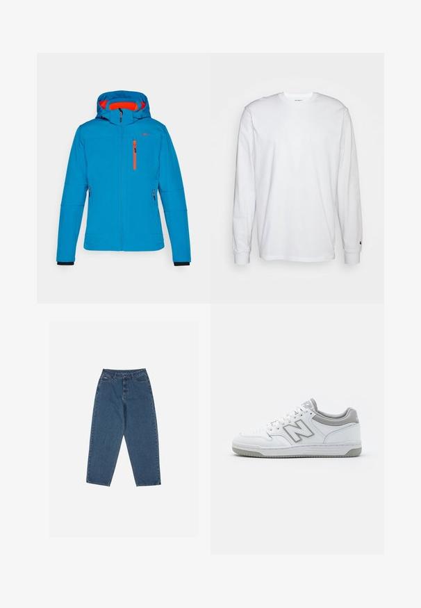 Chaqueta con capucha azul y acentos anaranjados, con cremalleras. Cuenta con un cierre frontal de cremallera, dos bolsillos laterales y un diseño de corte relajado.; Camiseta blanca de manga larga hecha de algodón. Diseño de cuello redondo con puños acanalados y un pequeño logo en la manga izquierda. Textura suave.; Vaqueros de denim azul con un corte relajado, cintura alta, diseño de cinco bolsillos y acentos de costura. Cuenta con un cierre de botón y cremallera.; Zapatillas de deporte de cuero blanco con detalles en gris, que cuentan con una caja de puntera perforada, cordones planos y una suela con patrón. Logo de New Balance en el lateral.