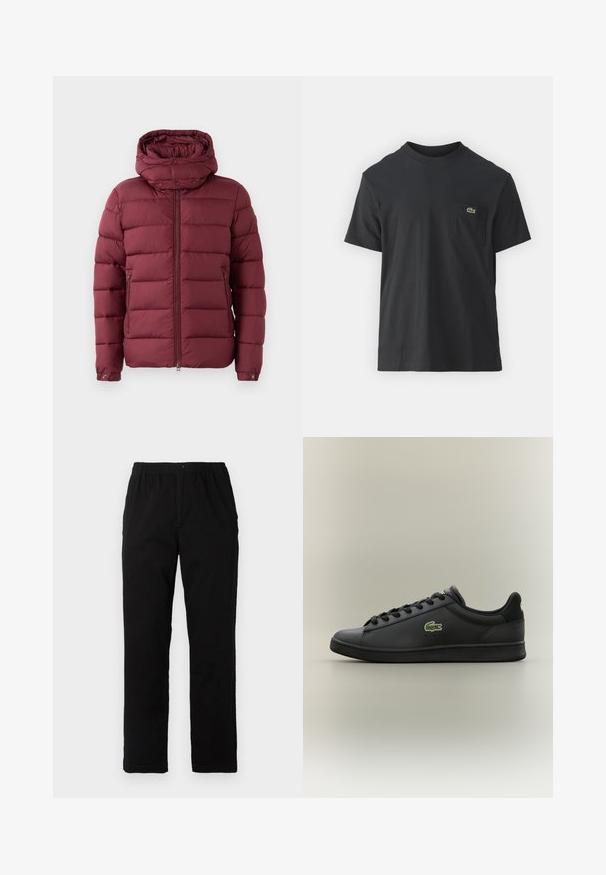 Casaco puffer bordô com gola alta, fecho de correr à frente e botões de pressão. Apresenta um padrão acolchoado e bolsos laterais para funcionalidade adicional.; Camiseta de algodão preta com mangas curtas, decote redondo e um pequeno logo verde no bolso do peito esquerdo. Design simples, corte regular.; Calças pretas feitas de um tecido de algodão misto, com corte reto, cintura elástica com botão e sem padrões ou detalhes visíveis.; Sapatilha de couro preta de cano baixo com atacadores pretos, apresentando um logótipo de crocodilo verde na lateral, colocada sobre um fundo neutro simples.