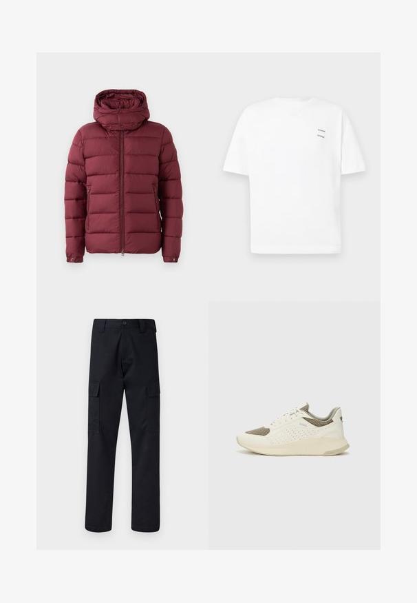 Kardinalpunane puffer jakk kõrge kraega, lukuga ees ja nööbiga. Omab tikandite tekstuuri ning küljetaskuid lisafunktsionaalsuseks.; Valge puuvillane T-särk, mille lõige on lõdva istuvusega, lühikesed varrukad ja V-kaelus. Vasakul küljel on kaks väikest musta trükitud logo.; Mustad mustad püksid, mis on valmistatud tugevast materjalist, sirge lõikega, kaht küljetaskut ja nööbiga sulgemist vöökoha juures.; Valge ja heledat beeži värvi spordijalats, millel on õhuke võrkmaterjal, perforatsioonidega detailid ning tekstuuriga vahetald, millel on brändi logo kannaosas.