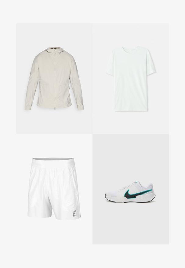 Giacca beige chiaro, chiusura frontale con zip, cappuccio, polsini elasticizzati, due tasche laterali e tessuto liscio e testurizzato. Design minimalista, senza loghi visibili.; T-shirt corto a maniche corte di un leggero verde menta, realizzato in tessuto morbido. Presenta un colletto a girocollo e una silhouette semplice e dritta senza decorazioni.; Pantaloni sportivi bianchi realizzati in tessuto leggero con vita elastica, dotati di due tasche laterali e un piccolo logo nero sull'orlo.; Scarpa da ginnastica bianca con tomaia in rete testurizzata, suola in gomma nera e accento teal del logo Nike. Presenta lacci e colletto imbottito.