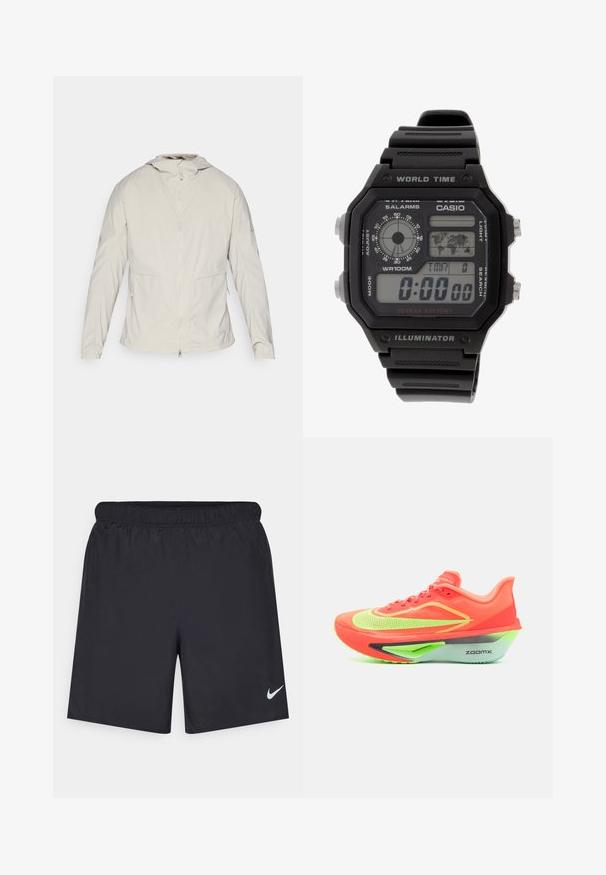 Helle beigefarbene Jacke, mit Reißverschluss vorne, Kapuze, elastischen Bündchen, zwei Seiten Taschen und glattem, strukturiertem Stoff. Minimalistisches Design, keine sichtbaren Logos.; Schwarzes Nike Lauft-Shirt aus leichtem, atmungsaktivem Material, mit kurzen Ärmeln und einem kleinen weißen Logo auf der Brust.; Schwarze sportliche Shorts aus leichtem Material mit einem elastischen Bund. Auf der unteren linken Seite befindet sich ein kleines weißes Nike-Logo.; Laufschuh mit einem leuchtend orangefarbenen Obermaterial, neon-grünen Akzenten, strömungslinientauglichem Design und einer markanten grauen und grünen Sohle, beschriftet "ZOOMX".; Digitaluhr mit schwarzem Gummiband, rechteckigem Gehäuse und Glas. Zeigt die Uhrzeit, eine Weltzeituhrkarte und Tasten für Wecker und Licht an.