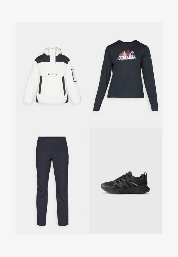 Bela in črna vetrovka s kapuco, polovičnim zadrgo spredaj, sprednjim žepom in elastičnimi manšetami. Ima Columbia logo na prsih.; Majica z dolgimi rokavi temno siva z grafiko rdečih dreves in gora; logotip "COLUMBIA" v krepki beli barvi. Mehka tkanina, standarden krojen ovratnik.; Mornarji modri hlače iz gladkega blaga, z zapiranjem na gumb spredaj, tesno prilegnjenim krojem in gubami na kolenih.; Columbia PEAKFREAK - Pohodniški čevlji - black