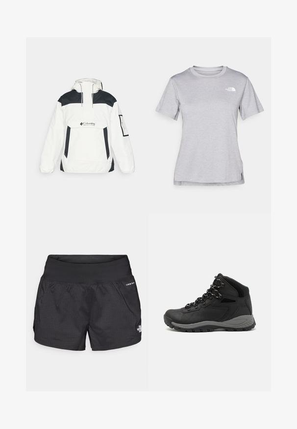 Hvid og sort vindjakke med hætte, halv-zip foran, forlommer og elastiske manchetter. Har Columbia-logoet på brystet.; Grå kortærmet T-shirt lavet af blødt, fugttransporterende materiale. Har en rund hals og et lille hvidt logo øverst til venstre.; Sorte løbeshorts med et struktureret stof, elastisk talje og sidelommer; har et lille logo foran.; Sort vandrestøvle med en mellem-højde design, der har en tekstureret overdel, grå detaljer og en holdbar gummisål med skridsikre klodser.
