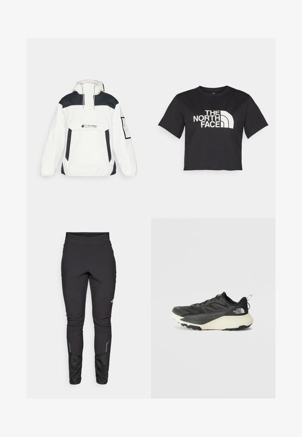 Bijela i crna jakna od vjetrobranog materijala s kapuljačom, pola patent zatvaračem sprijeda, prednjim džepom i elastičnim manžetama. Na prsima se nalazi Columbia logo.; Crni kratki majica od pamuka s bijelim logotipom s zakrivljenim naglasima i tekstom "THE NORTH FACE" sprijeda. Kratki rukavi, okrugli ovratnik.; Crne vanjske hlače s uklapanjem, izdržljivim materijalom, reflektirajućim detaljima i panel šavovima za poboljšanu pokretljivost i udobnost.; Crna atletska cipela s teksturiranim gornjim dijelom, sivim detaljima i bijelim međuslojem. Ima držač i istaknutu marku na peti.
