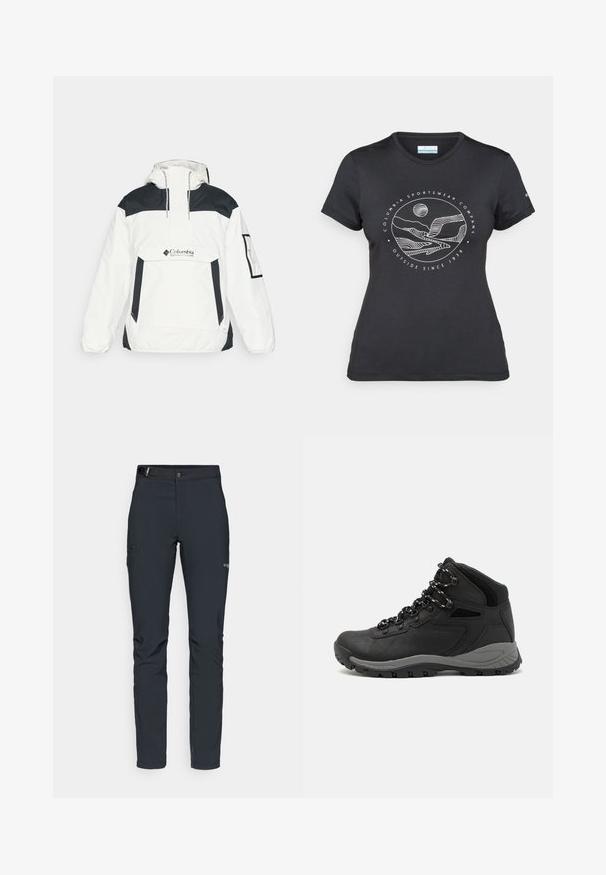 Witte en zwarte windbreaker jas met een capuchon, een half rits voorkant, een voorzak en elastische manchetten. Voorzien van het Columbia-logo op de borst.; Zwarte Columbia t-shirt met witte cirkelvormige lijntekening van bergen en een rivier en de tekst "Columbia Sportswear Company Outside Since 1938."; Heren buitenbroeken, donkergrijs, gemaakt van flexibel materiaal, met een riem, ritszakken en verstevigde stiksels.; Zwarte wandelschoen met een mid-top ontwerp, voorzien van een gestructureerde bovenkant, grijze accenten en een duurzame rubberen zool met gripnoppen.