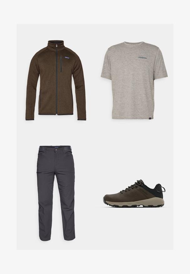 Hnědá fleecová bunda s vysokým límcem, plným předním zipem a dvěma bočními kapsami. Má malou modrou značku Patagonia na levém horním rohu.; Šedé tričko s krátkým rukávem vyrobené z měkké, texturované látky, se malým modrým logem Patagonia na levé straně hrudi. Žádné další vzory.; Tmavě šedé kalhoty vyrobené z odolné tkaniny, s kapsou na zip, rovný střih a s poutky na opasek pro nastavitelné nošení.; Hnědé nepromokavé sneakers s texturovaným svrškem, perforovanými detaily, černým oporou paty a šedou gumovou podrážkou. Šňůrky mají kovové konce.
