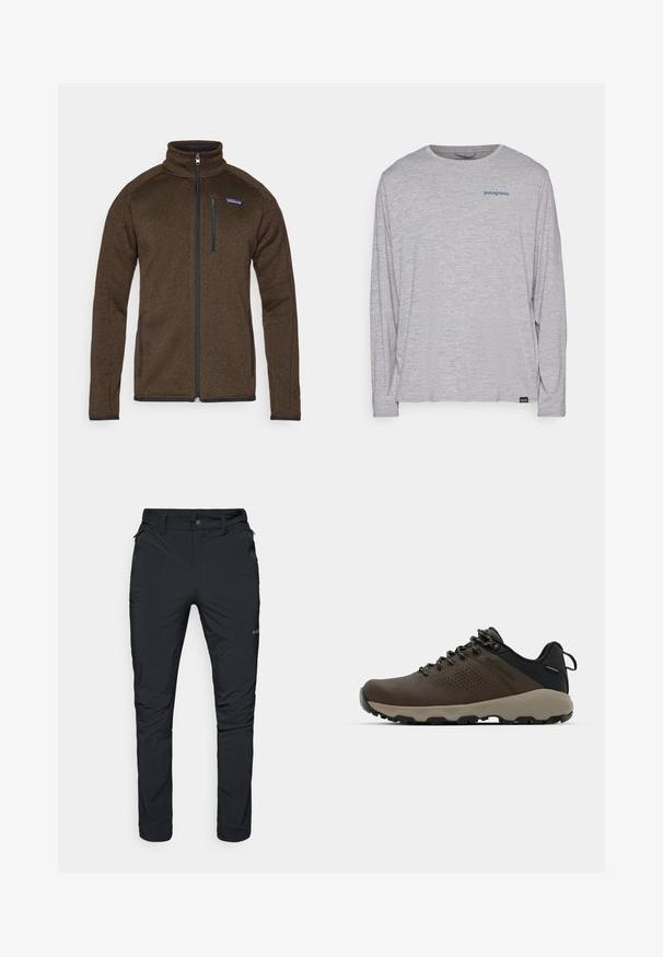 Brah velurjakna z visokim ovratnikom, celotnim zadrgo spredaj in dvema stranskima žepoma. Ima majhen moder logotip Patagonia na zgornji levi strani.; Svetlo siva majica dugih rukava od mekog, teksturiranog materijala. Ima okrugli izrez i mali plavi Patagonia logo na grudima.; Črne zunanje hlače s ravnim krojem, opremljene z žepi na zadrgo, zankami za pas in lahkotno, trpežno teksturo tkanine.; Rjave vodoodporne superge z teksturiranim zgornjim delom, perforiranimi detajli, črno podporo za peto in sivo gumijasto podlogo. Šnure imajo metalne konice.