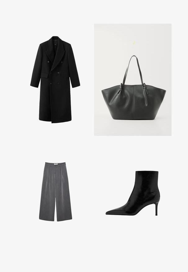 Pitkä musta kaksirivinen villakangastakki, jossa leveät kaulukset ja läppätaskut, valkoista taustaa vasten esitelty.; Mustassa ribattussa neulecardiganissa on pitkät hihat, keinoturkiskuosisu ja kuusi nappisuljenta edessä. Pehmeä tekstuuri.; Valkoinen ribattava toppi, jossa on leveät olkaimet ja tiukka muotoilu, yhdistettynä korkeavyötäröisiin mustiin housuihin ja mustaan vyöhön.; Pleated leveleijoushousut tummanharmaasta kankaasta, jossa on hieno rakenne. Ominaisuuksina napin suljenta ja klassinen vyötärönauhan muotoilu.; Musta nilkkuri, jossa on terävä kärki, valmistettu kiiltävästä nahasta. Varustettu korkean stiletto-kannan ja sileän pinnan kanssa. Ei näkyviä koristeita.; Vero Moda VMDITTA - Shopping bag - black