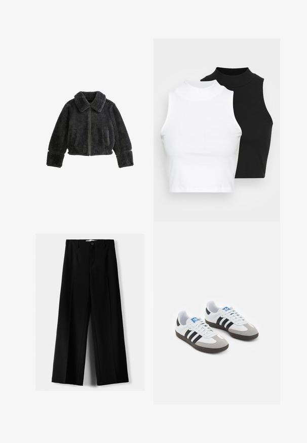Giacca corta nera in pelliccia sintetica con ampio colletto, chiusura con zip e due tasche frontali. Presenta un tessuto testurizzato e polsini larghi.; Due top in maglia senza maniche, a collo alto, in nero e bianco, con un design aderente e una superficie liscia, di lunghezza cropped.; Pantaloni neri a gamba larga realizzati in tessuto leggero, caratterizzati da una chiusura frontale con bottone e frontale piatto, con orli cuciti con precisione.; Scarpe sportive con tomaia in pelle bianca, punta in suede grigia e tre strisce nere. Presentano un logo blu sulla linguetta e una suola in gomma testurizzata.