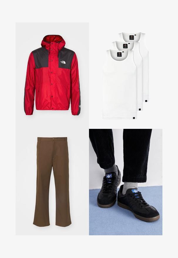 Casaco corta-vento vermelho e preto com capuz; possui botões de pressão, bolsos laterais e o logo "The North Face" no lado esquerdo do peito.; Três tops em algodão de alças brancas com nervuras. Apresentam um decote redondo e pequenas etiquetas pretas perto da bainha. Disponíveis em vários tamanhos.; Calças largas castanhas feitas de tecido suave, com fecho de botão, apresentando bolsos frontais e costuras direitas ao longo das pernas.; Sapatilhas pretas em material de camurça e pele, com um logo azul e sola de borracha castanha. Combinadas com meias cinzentas e calças de cordura.