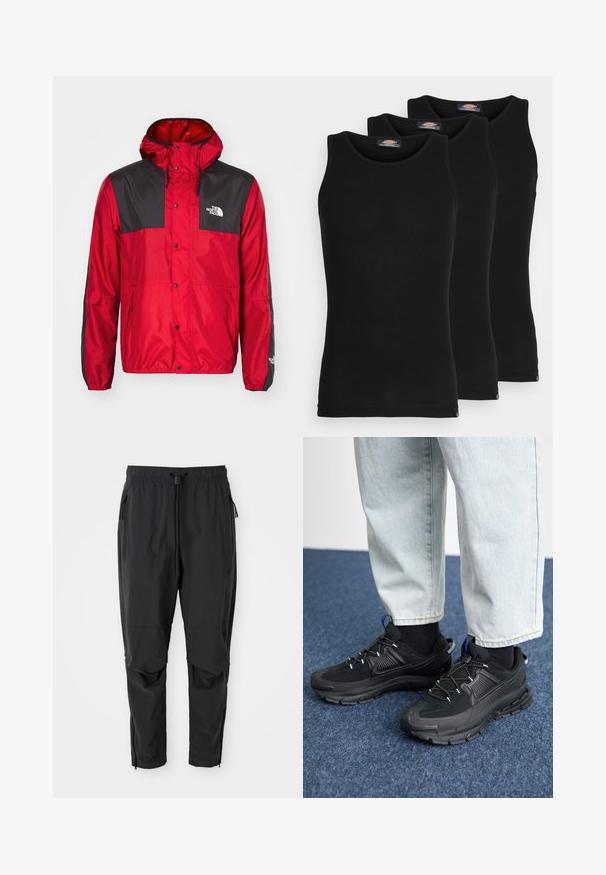 Piros és fekete szélvédő dzseki kapucnival; patentgombokkal, oldalsó zsebekkel és a "The North Face" logóval a bal mellrészen.; Fekete ujjatlan trikók három darabos kiszerelésben. Bordás textúra, klasszikus kerek nyakkivágás. Az alján kis márkajelzés található.; Fekete, könnyű anyagú nadrág, elasztikus derékkal, zsinórral, cipzáras oldalsó zsebekkel, formázott térddel és bokazippzárral.; Fekete sportcipők texturált anyaggal és gumitalppal, elasztikus fűzőkkel és kék kiegészítővel a saroknál. Világos farmernadrággal viselve.