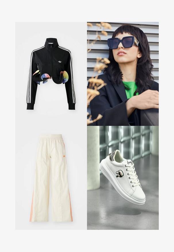 Melns zip-up jakas ar augstu apkakli, baltām sānu svītrām un krāsainiem volāniem pie apakšas. Izgatavota no gludas, elastīgas auduma.; Divi riboti topi baltā un melnā krāsā, ar plānām regulējamām siksniņām un īsu dizainu. Mīksta auduma ar gludu tekstūru.; Kremkrāsas platās bikses ar elastīgu jostu, ar oranžām sānu joslām un mazu oranžu logo priekšpusē.; Balti Karl Lagerfeld kedu ar auklu priekšpusi, melnu un beigu logotipa uzlīmi un metālisku sudraba papēža cilpu, kas karājas virs pelēka grīdas.; Vairāk nekā parastās melnas saulesbrilles ar biezām rāmēm un zelta akcentiem, uzvilktas kopā ar melnu žaketi un spilgti zaļu krekli, uz horizontālas fonu.