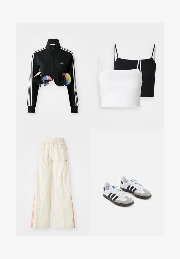 Černá zipová bunda s vysokým límcem, bílými bočními pruhy a barevnými volánky na lemu. Vyrobena z hladkého, elastického materiálu.; Dvě proužkové tílka v bílé a černé barvě, s tenkými nastavovacími ramínky a zkráceným střihem. Měkká látka s hladkou texturou.; Krémové široké kalhoty s elastickým pasem, se žlutými bočními pruhy a malým oranžovým logem na přední straně.; Sportovní boty s bílým koženým svrškem, šedou semišovou špičkou a třemi černými pruhy. Obsahují modré logo na jazyku a texturovanou gumovou podrážku.