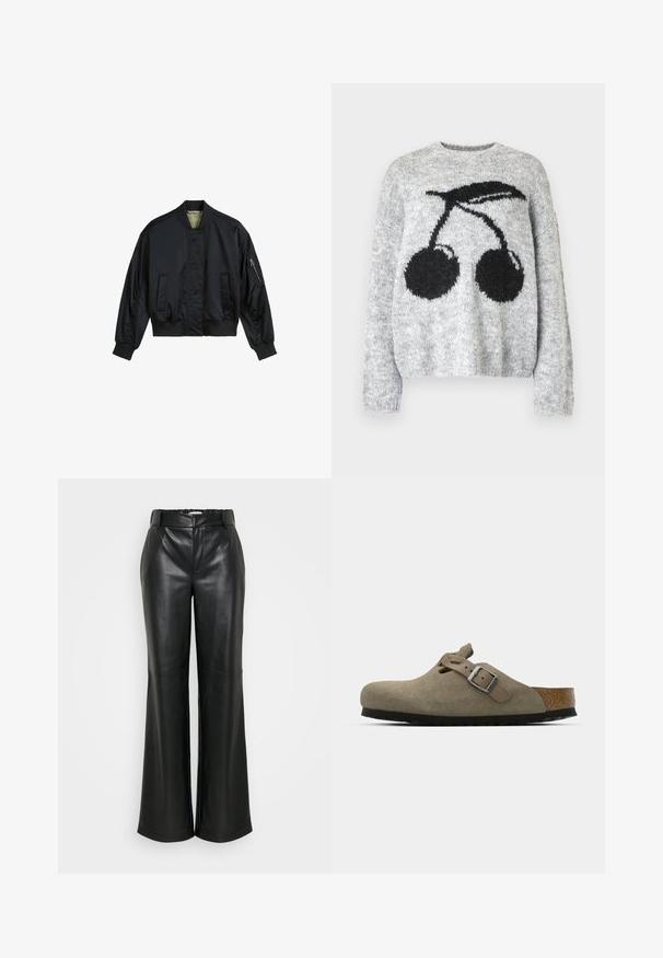 Schwarze Bomberjacke aus glattem Nylon. Verfügt über einen hohen Kragen, gerippte Bündchen und Saum, zwei Fronttaschen und eine mit Reißverschluss verschließbare Ärmelreißverschlusstasche.; Noisy May NMSUTTON CHERRY  - Strickpullover - light grey melange; ONLY Tall ONLSMOOTH WIDE  - Stoffhose - black; Wildleder-Clogs in hellolivgrün mit einer geformten Kork- und Gummisohle. Verfügt über einen Seitenriemen mit einer metallischen Schnalle und einer abgerundeten Zehenpartie.