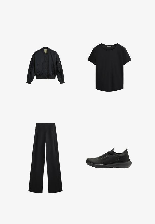 Fekete bomberdzseki sima nylontól készült. Magas gallérral, bordás mandzsettákkal és aljjal, két elülső zsebbel, valamint egy cipzáras zsebbel a ruházat ujján rendelkezik.; Fekete, rövid ujjú póló kerek nyakkivágással és perforált hálós részletekkel a vállakon. Simaszerkezetű anyag, laza szabás, ívelt alj.; Széles szárú fekete nadrág puha anyagból, magas derékkal és két cipzáras zsebbbél, diszkrét varrással az oldalakon.; Fekete sportcipő, mely texturált hálós felsőrésszel, ívelt talppal és letisztult dizájnnal rendelkezik, fűzőzáródással és diszkrét márkajelzéssel.