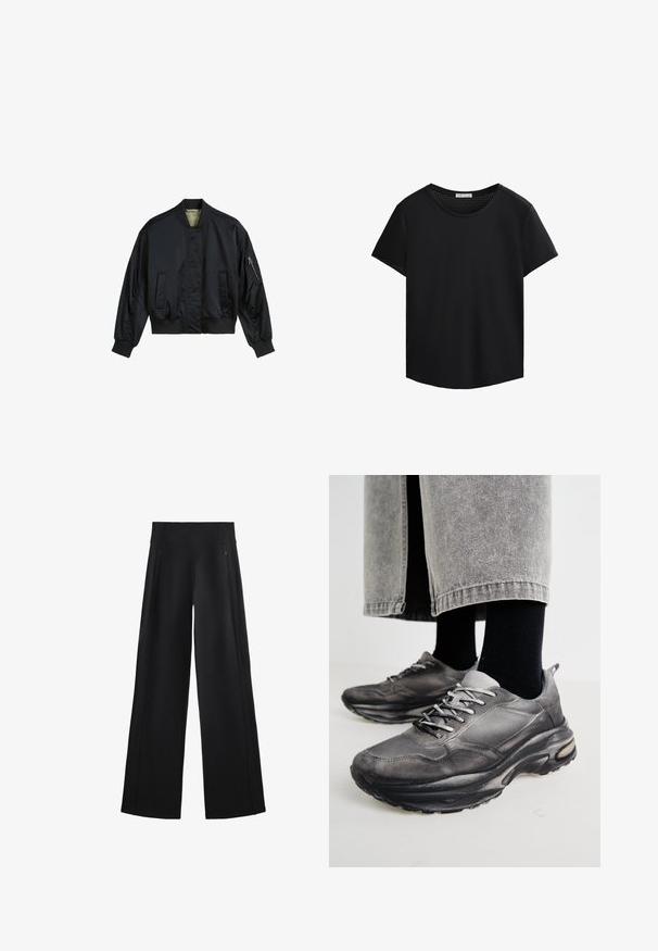 Černá bomber bunda vyrobená z hladkého nylonu. Má vysoký límec, žebrované manžety a lem, dvě přední kapsy a kapsu na rukávu se zipem.; Černé tričko s krátkým rukávem a kulatým výstřihem, s perforovanými síťovinovými detaily na ramenou. Hladká tkanina, volný střih, zaoblený lem.; Široké černé kalhoty z měkké tkaniny, s vysokým pasem a dvěma kapsami na zip, s jemnými švy po stranách.; Černé a šedé sportovní boty mají síťovaný svršek, silné podrážky a šněrování. Mají zaoblenou špičku a viditelné polstrování.
