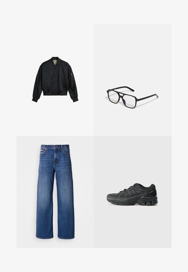 Čierna bombrová bunda vyrobená z hladkého nylonu. Obsahuje vysoký golier, rebrované manžety a lem, dve predné vrecká a vrecko na zips na rukáve.; Biele bavlnené tielko s ryhovanou textúrou, bezrukávovým dizajnom a okrúhlym výstrihom. Obsahuje štítok na krku so slovami "WEEKDAY."; Džínsy s širokými nohavicami v tmavomodrej farbe, s vysokým pásom, piatimi vreckami a jemným vyblednutím na prednej strane pre pridanie textúry a detailu.; Čierne bežecké topánky s vrchom z priedušnej sieťoviny, polstrovaným golierom, syntetickými akcentmi a textúrovanou podrážkou s viditeľnými prvkami tlmenia.; Čierne obdĺžnikové okuliare s priehľadnými šošovkami a jemným fialovým nádychom, s elegantnými ramienkami a minimalistickým dizajnom.; Čierna textúrovaná kožená kabelka s dvoma rukoväťami, pripojenou malou taštičkou a zipsovým uzáverom, vystavená na bielom pozadí.; Strieborný prsteň s hladkým, zakriveným dizajnom a akcentom v tvare hviezdy. Modelka v zelenom mikinovom tričku so žltým nápisom, s rukami pri krku.