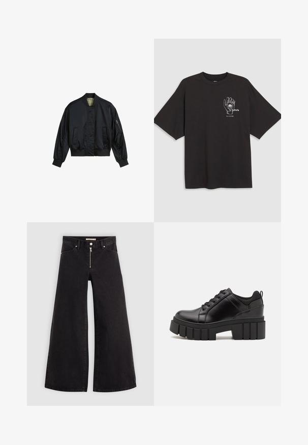 Casaco bomber preto feito de nylon suave. Apresenta um colarinho alto, punhos e barra canelados, dois bolsos frontais e um bolso com zip na manga.; T-shirt de algodão preto com mangas curtas, apresentando uma ilustração de mão e o texto "Levi's LA LUNE" em branco na área do peito esquerdo.; Calças de ganga de perna larga em denim preto com fecho éclair à frente, design de cinco bolsos e detalhes de costura subtil. Textura suave e estilo casual.; Sapatos de plataforma em couro preto com um salto bloco robusto, bico redondo e design clássico de atacadores. Apresentam uma textura suave e detalhes mínimos.
