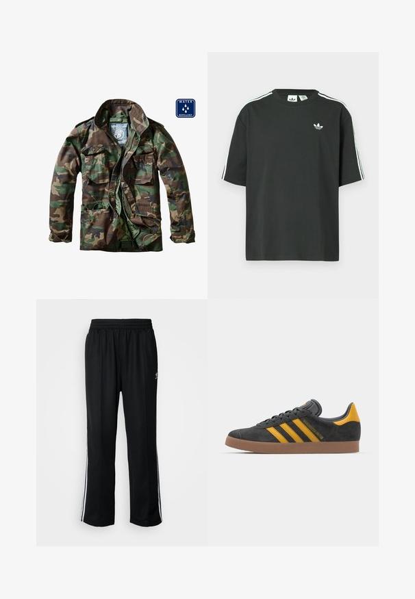 Metsiku kamuflaaž jakk erinevates roheline ja pruunides toonides, lukuga ees, kahe rinna-taskuga ning veekindlast materjalist.; Mustast puuvillast lühikeste varrukatega t-särk, ümmarguse kaelusega ja valgete kolmetriipudega õlgadel. Rinnal on väike valge logo.; Mustad mustad spordipüksid elastse vöökohaga, millel on valged küljeread ja väike logo. Materjal tundub pehme ja kerge.; Mustad sametist spordijalatsid kollaste aktsentidega, millel on kolm triipu ja pruun kummitald. Mugavuse tagamiseks on neil pehmendatud keele osa.