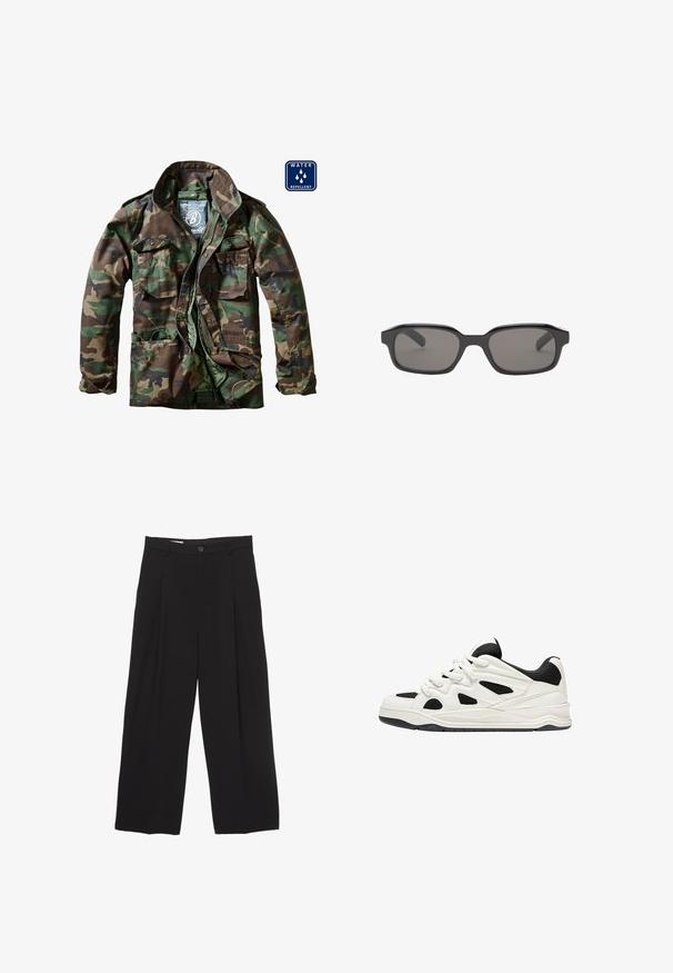 Maskáčová bunda v odstínech zelené a hnědé, s předním zipem, dvěma náprsními kapsami a vodoodpudivým materiálem.; Bílá krátkosrstá tričko s krátkým rukávem vyrobené z bavlny, se zaobleným výstřihem a volným střihem. Hladká textura, bez viditelných vzorů nebo akcentů.; Černé kalhoty širokého střihu vyrobené z hladké látky, s plochým pasem, předními záhyby a jedním knoflíkem na zapínání.; Bílé a černé sportovní boty s texturovanou podrážkou, s výřezovými vzory na bocích a tkaničkami, a měkkým zadním dílem pro podporu.; Černé obdélníkové sluneční brýle s tmavě šedými skly, s masivním plastovým rámem a hladkým povrchem. Žádné viditelné logo.