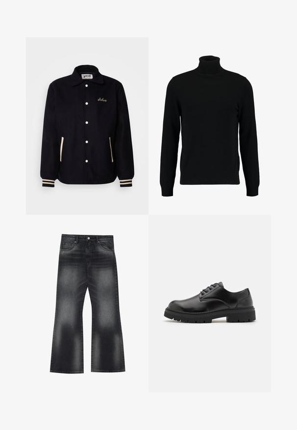 Jūras spēku flīsa jaka ar apkakli, baltiem spiedpogām, krēmkrāsas kabatas akcentiem un svītrainām aprocēm. Iezīmēta ar izšūtu logo uz krūtīm.; Melns augsti stāvošs džemperis, kas izgatavots no mīksta adījuma materiāla. Tam ir garas piedurknes, ribota apkakle un apakšmala. Vienkāršs, elegants dizains bez rakstiem.; Melnas denima flared bikses ar izbalējušu krāsu, pieciem kabatām un kontrastējošām šuvēm, ar nedaudz platu kāju atvērumu.; Melnas ādas kurpes ar noapaļotu purngalu, mezglu dizainu un biezu, strukturētu gumijas zoli. Satur šuvju detaļas gar malu un gludu apdari.