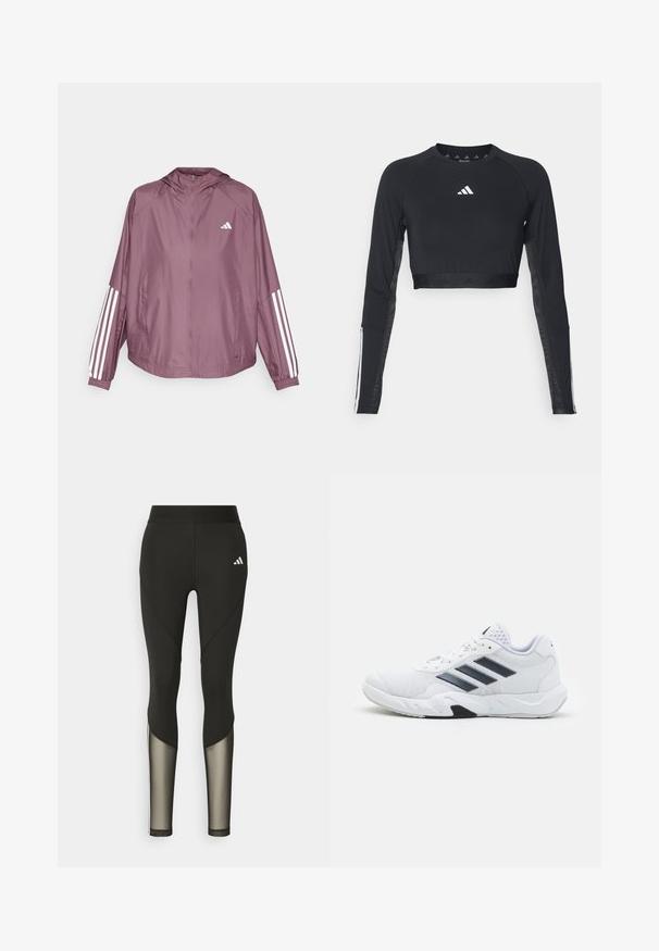 adidas Performance RDY HYPERGLAM - Windjack - shadow fig/white; Zwart geknipt langemouwen workout top van gladde stof. Bevat een wit logo op de borst en gestreepte accenten op de mouwen.; Zwarte sportleggings met een hoge tailleband, voorzien van meshaccenten op de onderbenen en een geborduurd logo op de heup.; Witte sportieve schoen met een bovenwerk van mesh, drie zwarte strepen aan de zijkant, gestructureerde accenten en een stevige rubberen zool met een contrasterend zwart gedeelte.