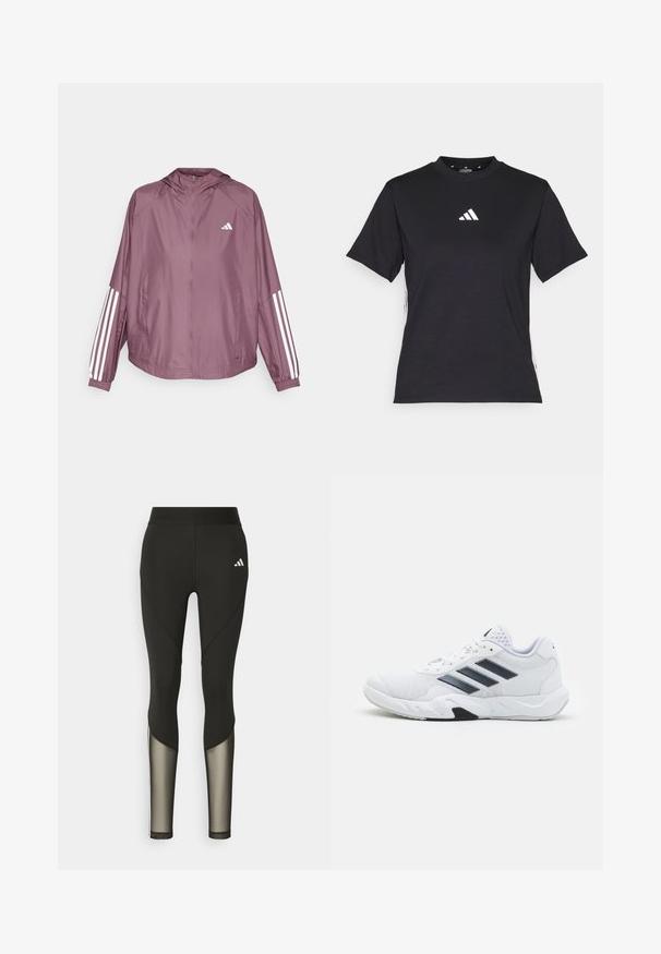 adidas Performance RDY HYPERGLAM - Windbreaker - shadow fig/white; Schwarzes T-Shirt mit kurzen Ärmeln aus weichem Stoff. Mit einem weißen Adidas-Logo und kontrastierenden weißen Streifen an den Seiten.; Schwarze Sportleggings mit hohem Bund, die Mesh-Einsätze an den Unterschenkeln und ein gesticktes Logo an der Hüfte aufweisen.; Weißer Sportschuh mit Mesh-Obermaterial, drei schwarzen Streifen an der Seite, strukturierten Akzenten und einer robusten Gummisohle mit einem kontrastierenden schwarzen Bereich.