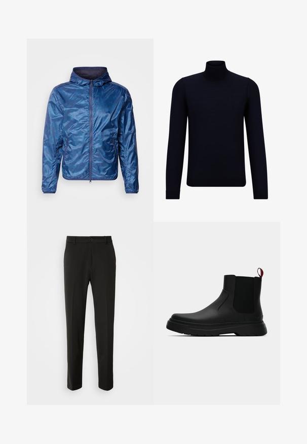 Casaco leve azul feito de tecido brilhante, com fecho de correr, capuz e punhos elásticos com uma superfície lisa e texturizada.; Pullover de gola alta em azul-marinho escuro, feito de um tecido de malha fina, com mangas longas e um decote alto justo. Sem padrões ou detalhes visíveis.; Calças pretas feitas de tecido liso, com pernas retas, fecho com botão e um design clássico adequado para vestuário formal ou casual.; Botim preto até ao tornozelo com um acabamento liso, painéis laterais elásticos e uma pega vermelha em contraste, com uma sola de borracha espessa e bico arredondado.