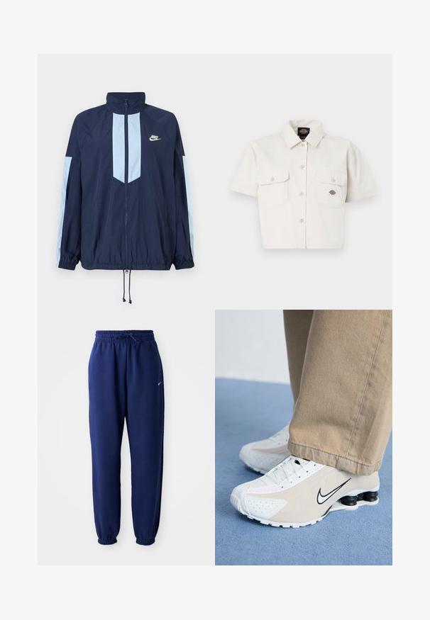 Casaco corta-vento azul-marinho com detalhes em azul claro, gola alta, fecho com zíper na frente e punhos elásticos. Logótipo da Nike destacado no peito.; Camisa branca de algodão, de mangas curtas e cropped, com dois bolsos no peito, fecho de botões na frente e um patch com logotipo no bolso esquerdo.; Calças de fato de treino azul marinho feitas de um tecido suave, com uma cintura elástica com cordão, punhos elásticos e um pequeno logótipo branco.; Tênis Nike brancos e bege com design perfurado, logotipo Swoosh preto, parte superior texturizada e um distintivo calcanhar preto com mola.