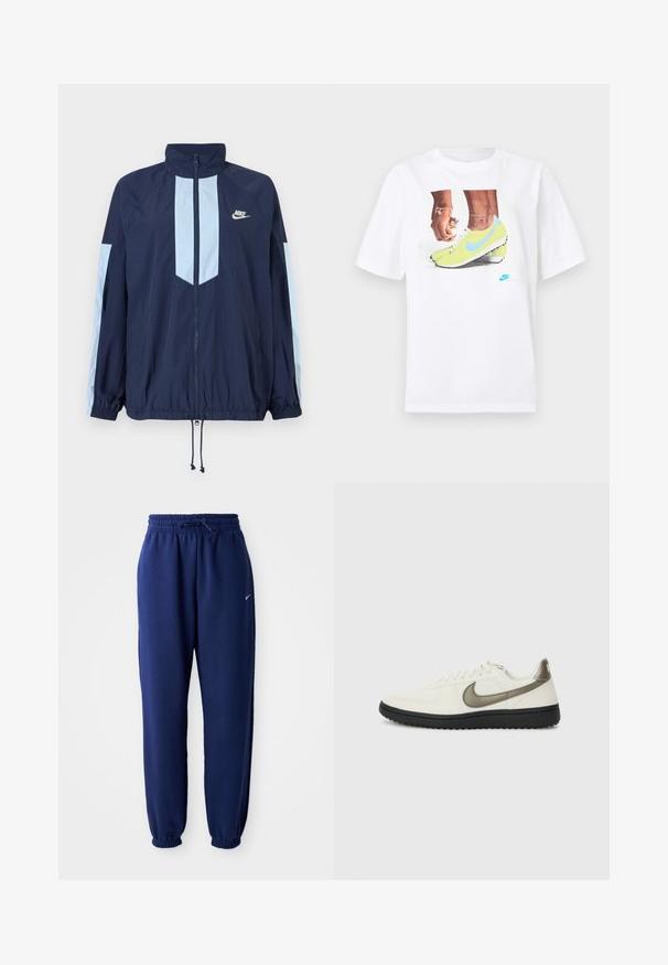 Casaco corta-vento azul-marinho com detalhes em azul claro, gola alta, fecho com zíper na frente e punhos elásticos. Logótipo da Nike destacado no peito.; T-shirt branco de algodão com uma gráfica de pés em chuteiras Nike amarelas com detalhes azuis, combinado com uma pulseira no pulso esquerdo.; Calças de fato de treino azul marinho feitas de um tecido suave, com uma cintura elástica com cordão, punhos elásticos e um pequeno logótipo branco.; Nike Sportswear FIELD GENERAL - Sapatilhas - off-white/black