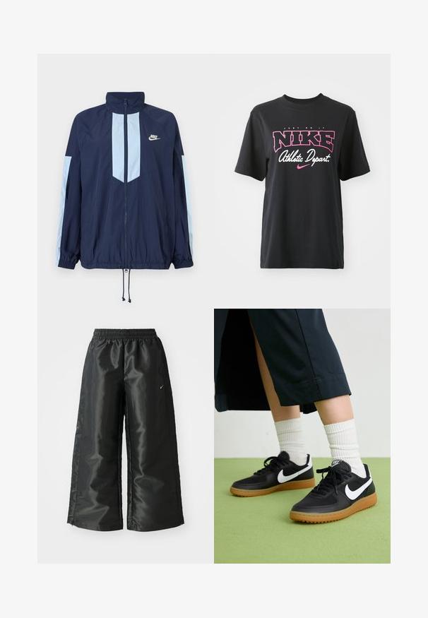 Mornarski vetrovka s svetlo modrimi poudarki, visokim ovratnikom, polnim sprednjim zadrgo in elastičnimi manšetami. Na prsih je prikazan Nike logo.; Črna bombažna majica s kratkimi rokavi, ki vključuje grafični potisk v roza in beli barvi ter besedilo "JUST DO IT," "NIKE," in "Athletic Depart." Standardna prileganje.; Črne atletske hlače iz sijočega, gladkega blaga, z elastiko v pasu, širokimi nogami in majhnim logotipom na levi strani.; Črne usnjene in sintetične superge z belim Nike swooshom, gumo na podplatu, okroglo konico ter črnimi vezalkami. Vidne so rebraste bele nogavice.
