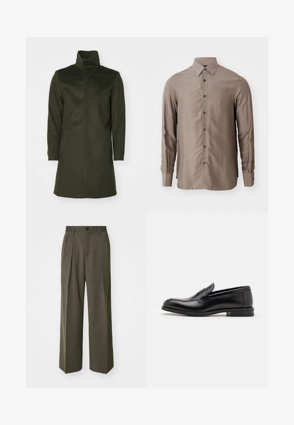 Tiger of Sweden ALERIC - Lühike jakk - olive extreme; Pikkade varrukatega särk taupe värvuses, valmistatud siledast kangast, millel on nööbid ees ja tumedad nööbid, ning rinnas on väike logo.; Filippa K WIDE TROUSERS - Püksid - driftwood; Mustad mustad nahast loafers sileda tekstuuriga, ümarat ninaosa ja dekoratiivne riba vampi üle. Madal kihiline konts, minimalistlik disain.