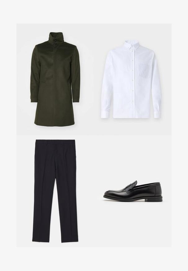 Tiger of Sweden ALERIC - Īss mētelis - olive extreme; Balts garo piedurknēm krekliņš ar pogām, izgatavots no kokvilnas, ar krūšu kabatu ar tonālu izšuvumu, apkakli un pogām pie piedurknēm.; Melnas piegrieztas bikses, izgatavotas no gludas auduma, ar divām sānu kabatām, taisnu kāju dizainu un bez redzamām rakstu vai akcentu detaļām.; Melnas ādas kurpes ar gludu tekstūru, noapaļu purngalu un dekoratīvu siksniņu pāri priekšpusei. Zems sakrauts papēdis, minimālisma dizains.