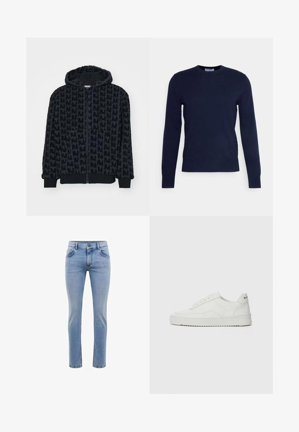 Hættejakke i sort, lavet af blødt, struktureret stof med et gentagende mønster. Har en fuld frontlynlås og elastiske manchetter og forneden.; Mørkeblå crew-neck sweater lavet af blødt stof, med lange ærmer og ribbet kant. Ingen synlige mønstre eller dekorationer.; Lysblå denim jeans med en slim fit, fem lommer og et lige ben design. Har en lynlås og bæltestropper. Blød tekstur.; Hvide lædersneakers med en glat overflade, rund tå, flade snørebånd og en tekstureret sål. Har et diskret logo på hælen.