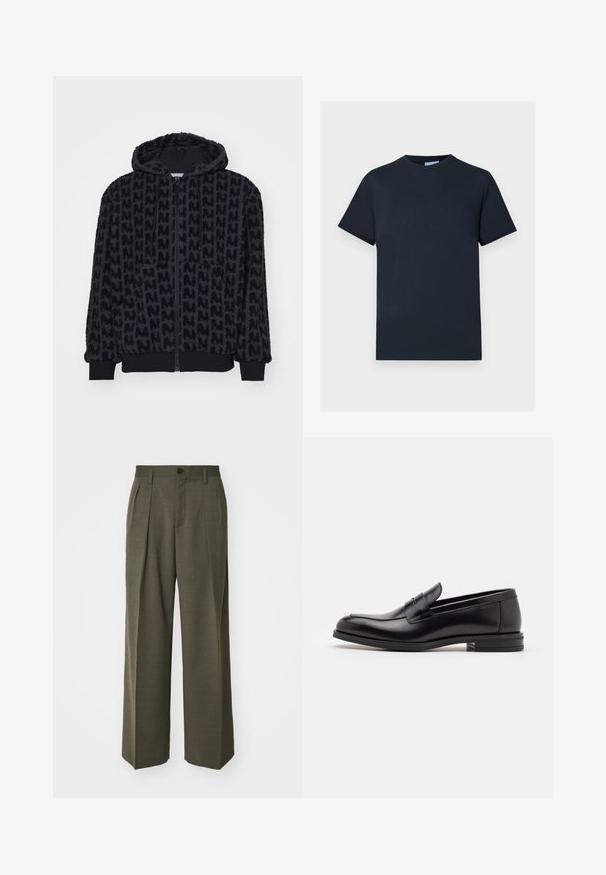 Casaco com capuz em preto, feito de um tecido suave e texturizado com um padrão repetido. Apresenta um fecho de correr frontal completo e punhos e bainha elásticos.; T-shirt de algodão azul-marinho, mangas curtas, gola redonda, com um design de logótipo texturizado em um tom mais claro na parte da frente.; Filippa K WIDE TROUSERS - Calças - driftwood; Mocassins de couro preto com uma textura suave, bico arredondado e uma faixa decorativa sobre o peito do pé. Salto baixo e empilhado, design minimalista.