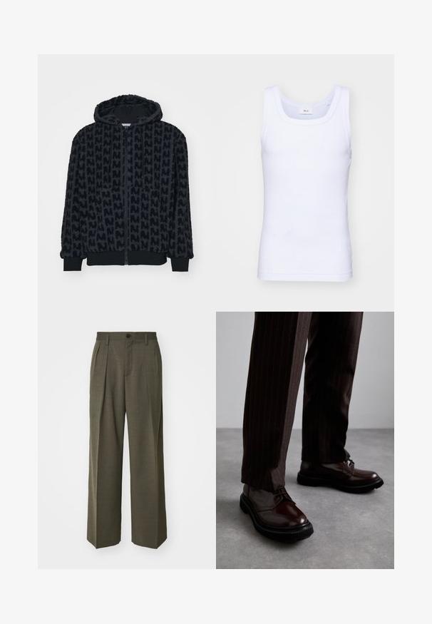 Μπλούζα με κουκούλα σε μαύρο χρώμα, κατασκευασμένη από μαλακό, υφασμάτινο υλικό με επαναλαμβανόμενο μοτίβο. Διαθέτει πλήρη μπροστινό φερμουάρ και ελαστικούς καρπούς και στρίφωμα.; Λευκό βαμβακερό αμάνικο μπλουζάκι με στρογγυλή λαιμόκοψη, με ομαλή υφή και εφαρμοστή γραμμή, σχεδιασμένο για καθημερινή χρήση.; Filippa K WIDE TROUSERS - Παντελόνι - driftwood; Καφέ δερμάτινα παπούτσια με κορδόνια και γυαλιστερή επιφάνεια, μαύρη καουτσούκ σόλα και διακριτική ραφή. Φοριούνται με καφέ παντελόνια με ρίγες.