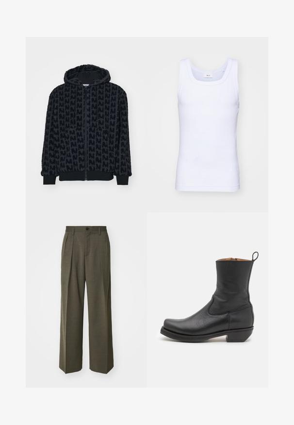 Jachetă cu glugă de culoare neagră, fabricată dintr-un material moale, texturat, cu un model repetitiv. Dispune de un fermoar complet pe față și manșete și margine elasticizate.; Top din bumbac alb fără mâneci, cu un decolteu rotund, având o textură netedă și o formă ajustată, conceput pentru purtarea casual.; Filippa K WIDE TROUSERS - Pantaloni - driftwood; Botină neagră din piele cu o textură netedă, profil subțire, cusături laterale și toc pătrat mic. Are o buclă de prindere în partea din spate.