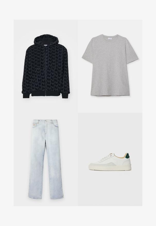 Giacca con cappuccio nera, realizzata in un morbido tessuto testurizzato con un motivo ripetuto. Presenta una zip frontale completa e polsini e orlo elasticizzati.; T-shirt grigio a maniche corte realizzato in morbido tessuto testurizzato. Presenta un classico colletto a girocollo e un orlo dritto, adatto per un abbigliamento casual.; Jeans in denim azzurro chiaro con design a gamba dritta, dotati di chiusura a bottone, cinque tasche e cuciture a contrasto.; Sneaker bianco con accenti in camoscio, punta rotonda, lacci piatti e suola in gomma crema. Presenta un marchio verde sul tallone.