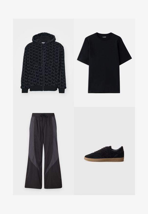 Hooded jacket in black, made of soft, textured fabric with a repeating pattern. Features a full front zipper and elasticized cuffs and hem.; Black cotton t-shirt with a crew neck and short sleeves. Features subtle logo embroidery on the left chest. Flat, smooth texture.; Han Kjøbenhavn PANELLED TRACK TROUSERS - Tracksuit bottoms - anthracite black; Black suede sneakers with a textured finish, featuring a distinctive curved logo, grey laces, and a light brown rubber sole.