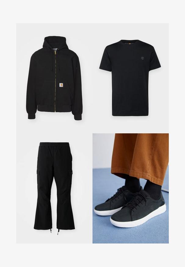 Felpa nera con zip realizzata in misto cotone. Presenta una zip dorata, cappuccio con cordini, tasca a marsupio e una piccola etichetta con logo sulla parte anteriore.; T-shirt in cotone nero con collo a giro, maniche corte e un piccolo logo ricamato sul petto. Texture liscia, vestibilità classica.; Pantaloni cargo neri con fascia elastica in vita, dotati di tasche laterali e gambe svasate con zip sui polsini, esposti su uno sfondo bianco.; Sneakers in suede nera con suole in gomma bianca, dotati di un design con lacci, accenti testurizzati e branding sottile, abbinati a pantaloni marroni.