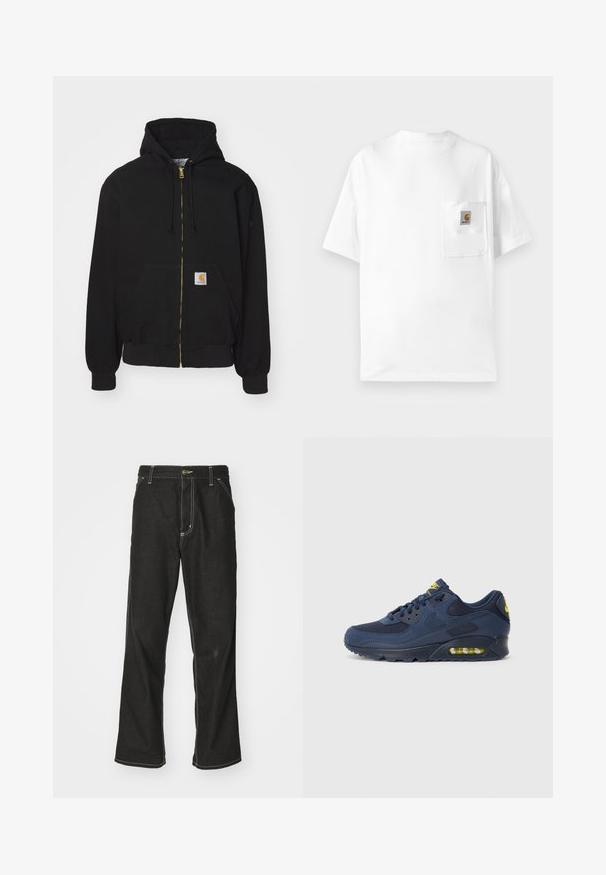 Črna zip-up kapuca iz mešanice bombaža. Ima zlat zadrgo, kapuco na vrvico, žep na sprednji strani in majhno oznako z logotipom spredaj.; Bela bomba ženska majica iz bombaža z okroglim izrezom, kratkimi rokavi in žepom na prsih, ki vsebuje logo značko. Minimalistična zasnova in nepremočljiva tekstura.; Črne jeans hlače ohlapenega kroja, ki imajo kontrastno belo šivanje, zapiranje na gumb in ravno nogavico.; Temno modri Nike Air Max športni copati z zgornjim delom iz usnja in mrežaste tkanine, z rumenimi poudarki, vezanjem spredaj in vidnim zračnim blaženjem v podplatu.
