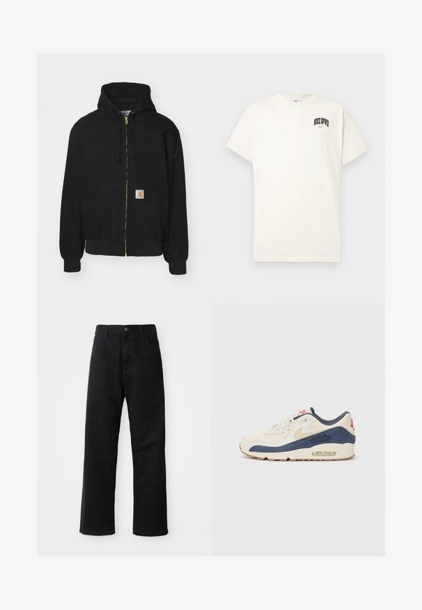 Musta vetoketjuhuppari, joka on valmistettu puuvillasekoitteesta. Siinä on kultainen vetoketju, nyörillä varustettu huppu, tasku edessä ja pieni logotunnus etupuolella.; Kermanvärinen puuvillapaita lyhyillä hihoilla, jossa rintakehässä on musta- ja punateksti "NIKE SB". Standardi pyöreä kaula-aukko.; Musta farkkushortsit suoran leikkauksen kanssa, joissa on etutaskut, vetoketjuläppä ja yksi yläpainike. Rakenteellinen kangas matta pinnalla.; Tennarit, joissa on kermanvärinen nahka ja merimiessininen mokka päällinen, näkyvällä ilmasoolalla, beige kumipohja ja punainen yksityiskohta kantapäässä.