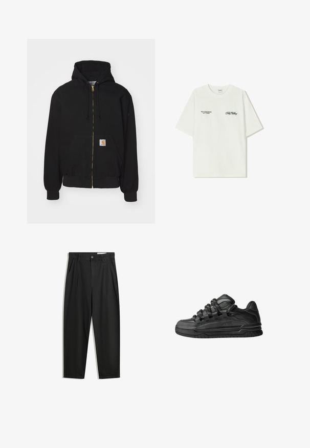 Zwarte zip-up hoodie gemaakt van een katoenmix. Kenmerkt zich door een gouden rits, een capuchon met trekkoord, een buidelzak en een klein logo-label aan de voorkant.; Witte katoenen T-shirt met korte mouwen. Aan de voorkant staat in zwarte tekst: "NIET MORGEN NIET VANDAAG" en "DE KUNST VAN VUIL VERPLAATSEN" in groene cursieve letters.; Zwarte katoenen broeken met een losse pasvorm, voorzien van een klassieke tailleband, voorplooien en zijzakken. Gladde structuur zonder patronen.; Zwarte sneakers met een glad leren bovenwerk, gearceerde accenten en ronde zwart-witte veters. Dikke rubberen zool met een geprofileerd loopvlak.