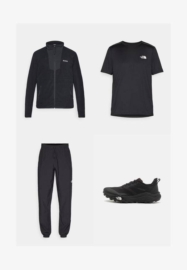 Jachetă din fleece neagră cu fermoar complet, guler înalt, buzunare laterale cu fermoar și logo-ul alb Columbia pe partea stângă a pieptului.; Tricou negru cu mânecă scurtă, realizat dintr-un material ușor. Prezintă un mic logo alb pe pieptul stâng și accente subtile pe umeri.; Pantaloni atletici negri, confecționați dintr-un material ușor, cu un tiv elastic la talie, buzunare laterale și tivuri ajustate la gleznă.; Pantofii de alergare pe teren accidentat, de culoare neagră, cu un superior texturat, talpă din cauciuc și vârf întărit. Prezintă un guler căptușit și o bandă de prindere pentru îmbrăcare ușoară.
