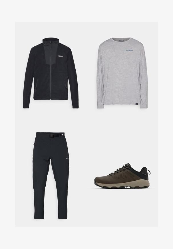 Black full-zip fleece jacket with stand collar, zippered side pockets, and white Columbia logo on left chest.; Light gray long-sleeve t-shirt made of soft, textured fabric. Features a crew neck and a small blue Patagonia logo on the chest.; Columbia ESSENTIAL HIKE™ PANT - Outdoor trousers - black; Brown waterproof sneakers with a textured upper, perforated accents, black heel support, and a grey rubber sole. Laces are styled with metallic ends.