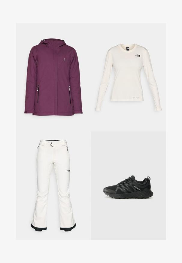Veste imperméable violette avec capuche, poches latérales zippées et un design élégant. Présente une texture lisse et des lignes épurées.; The North Face SHADOW LONG SLEEVE - T-shirt à manches longues - white dune; Pantalon de ski blanc en matériau doux et flexible. Présente une taille ajustée, des jambes larges évasées et une bordure noire aux poignets. Logo de la marque visible.; Columbia PEAKFREAK - Chaussures de marche - black